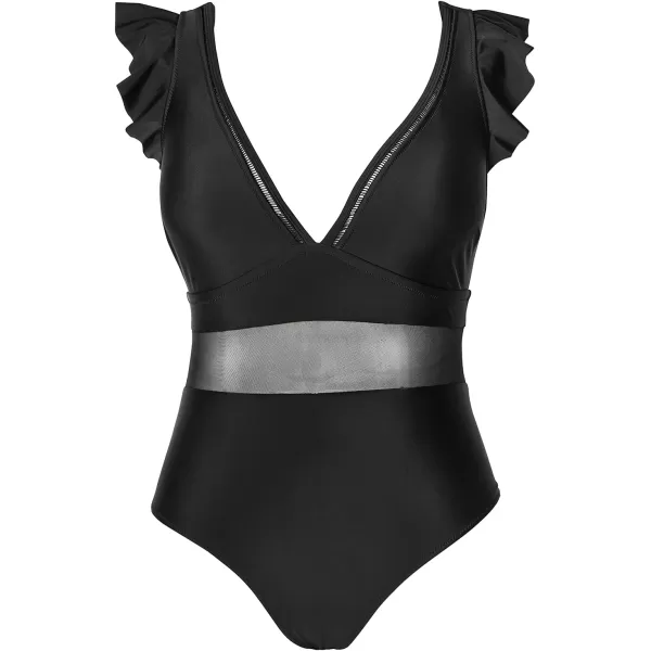 imageCUPSHE Womens One Piece Swimsuit Plus Size V Neck Ruffle Mesh Bathing SuitBlack