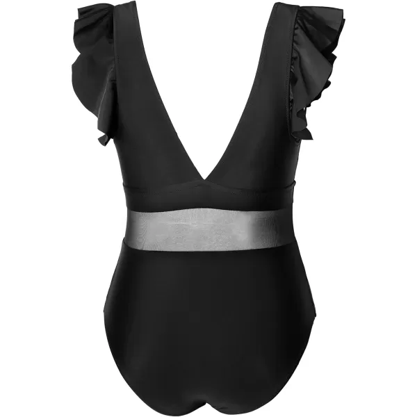 imageCUPSHE Womens One Piece Swimsuit Plus Size V Neck Ruffle Mesh Bathing SuitBlack