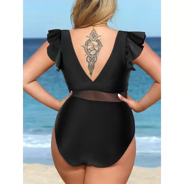 imageCUPSHE Womens One Piece Swimsuit Plus Size V Neck Ruffle Mesh Bathing SuitBlack