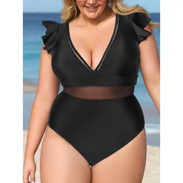 imageCUPSHE Womens One Piece Swimsuit Plus Size V Neck Ruffle Mesh Bathing SuitBlack
