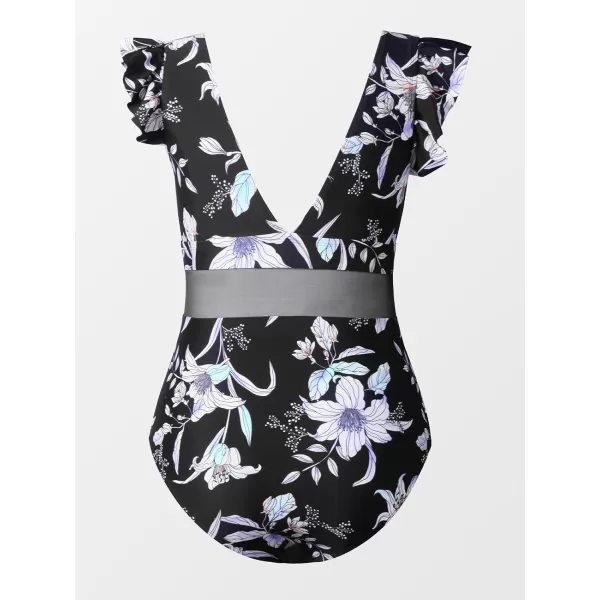 imageCUPSHE Womens One Piece Swimsuit Plus Size V Neck Ruffle Mesh Bathing SuitBlack Floral