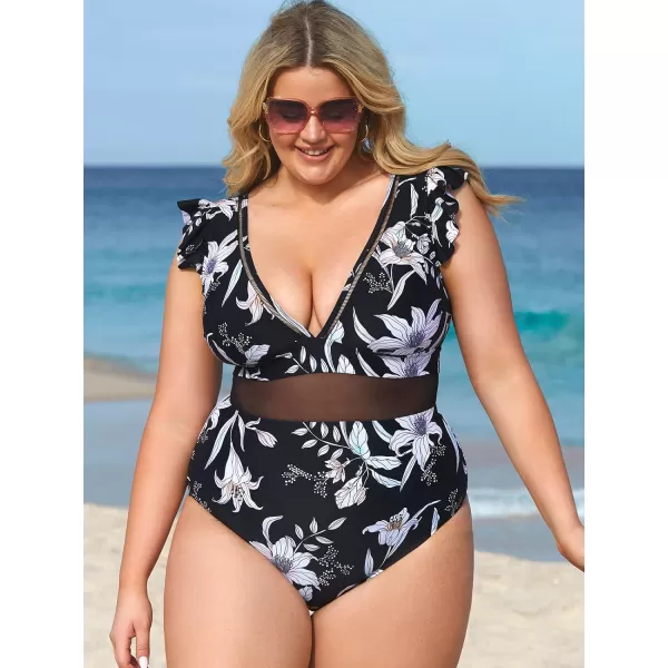 imageCUPSHE Womens One Piece Swimsuit Plus Size V Neck Ruffle Mesh Bathing SuitBlack Floral