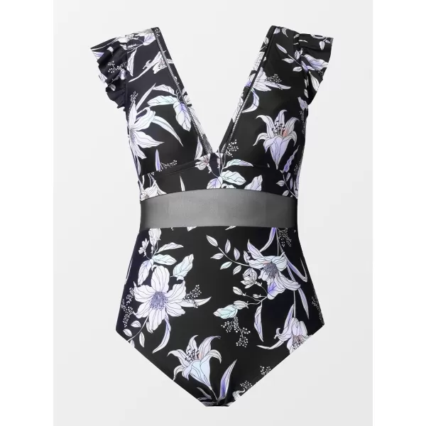 imageCUPSHE Womens One Piece Swimsuit Plus Size V Neck Ruffle Mesh Bathing SuitBlack Floral