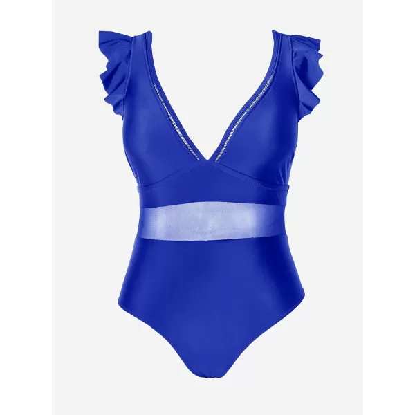 imageCUPSHE Womens One Piece Swimsuit Plus Size V Neck Ruffle Mesh Bathing SuitCerulean Blue