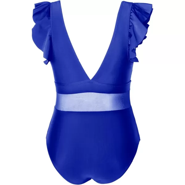 imageCUPSHE Womens One Piece Swimsuit Plus Size V Neck Ruffle Mesh Bathing SuitCerulean Blue