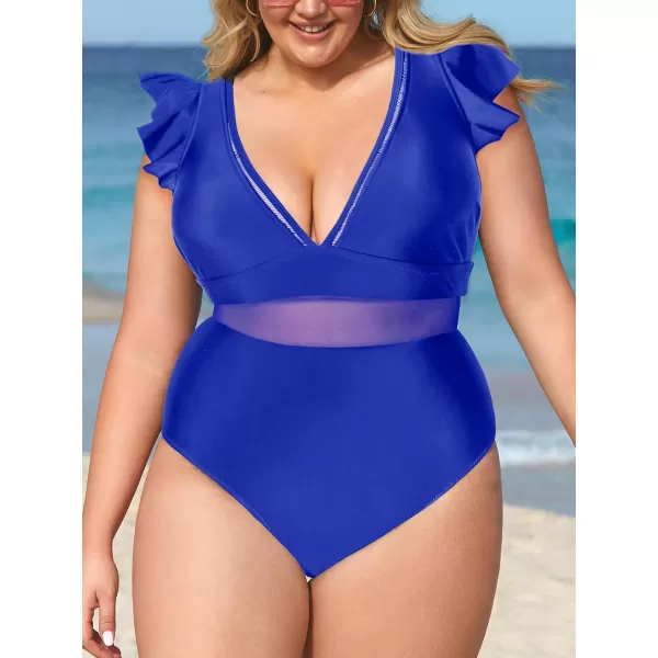 imageCUPSHE Womens One Piece Swimsuit Plus Size V Neck Ruffle Mesh Bathing SuitCerulean Blue