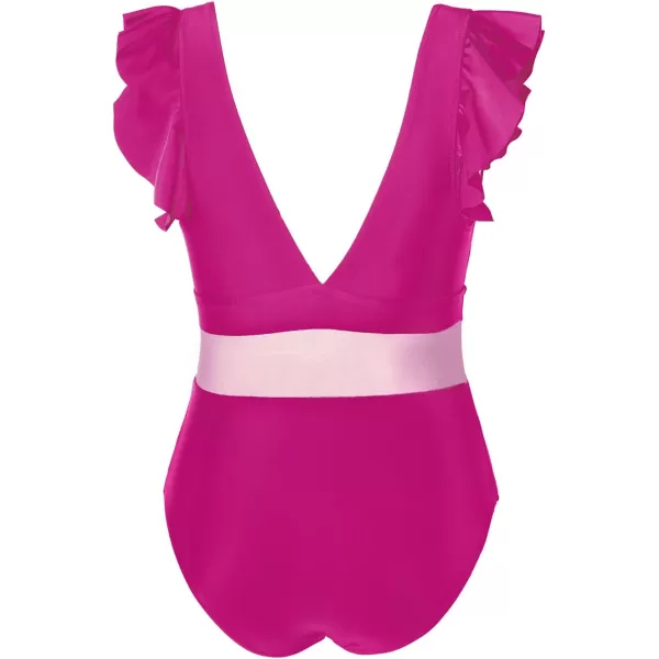 imageCUPSHE Womens One Piece Swimsuit Plus Size V Neck Ruffle Mesh Bathing SuitPink