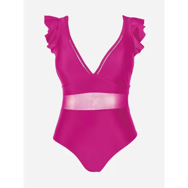 imageCUPSHE Womens One Piece Swimsuit Plus Size V Neck Ruffle Mesh Bathing SuitPink
