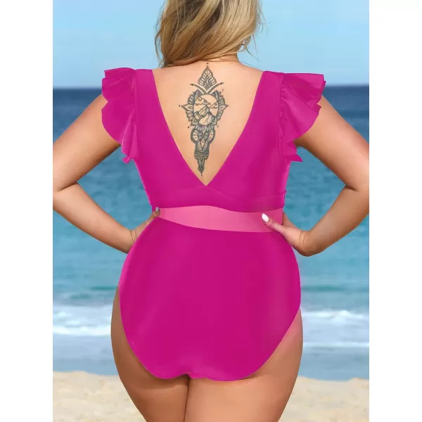 imageCUPSHE Womens One Piece Swimsuit Plus Size V Neck Ruffle Mesh Bathing SuitPink