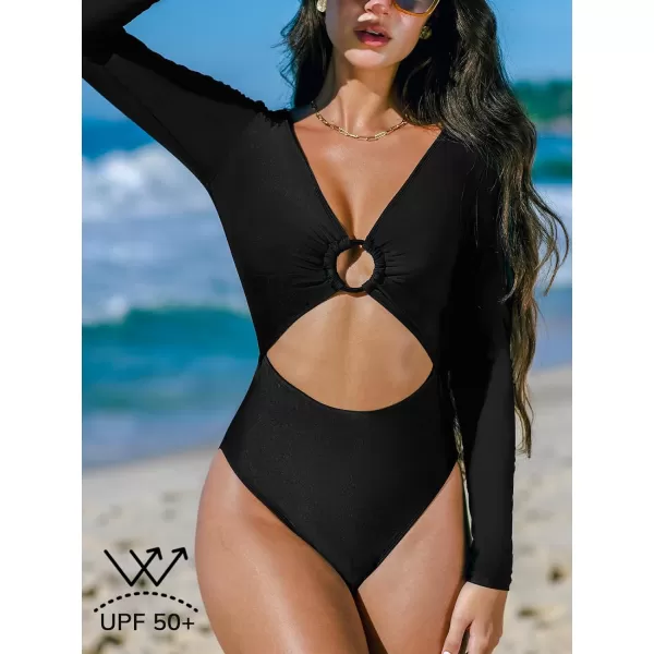 imageCUPSHE Womens One Piece Swimsuit Rash Guard Long Sleeve Cutout UPF 50 UV Deep V Neck ORingBlack