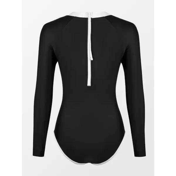 imageCUPSHE Womens One Piece Swimsuit Rash Guard Long Sleeve UPF 50 UV Round High Neck Zipper Back Color BlockBlackWhite