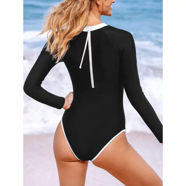 imageCUPSHE Womens One Piece Swimsuit Rash Guard Long Sleeve UPF 50 UV Round High Neck Zipper Back Color BlockBlackWhite