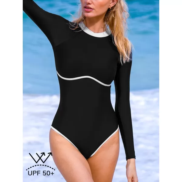 imageCUPSHE Womens One Piece Swimsuit Rash Guard Long Sleeve UPF 50 UV Round High Neck Zipper Back Color BlockBlackWhite