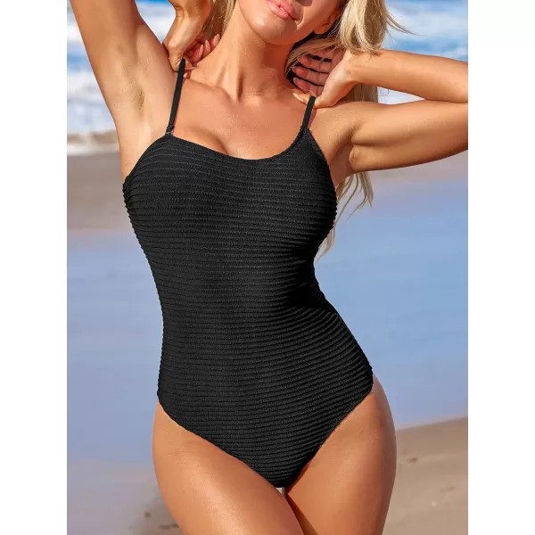 imageCUPSHE Womens One Piece Swimsuit Ribbed Asymmetrical Neck Removable Adjustable Straps Cheeky Bathing SuitBlack