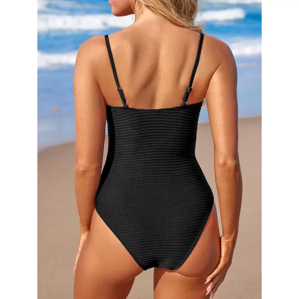 imageCUPSHE Womens One Piece Swimsuit Ribbed Asymmetrical Neck Removable Adjustable Straps Cheeky Bathing SuitBlack