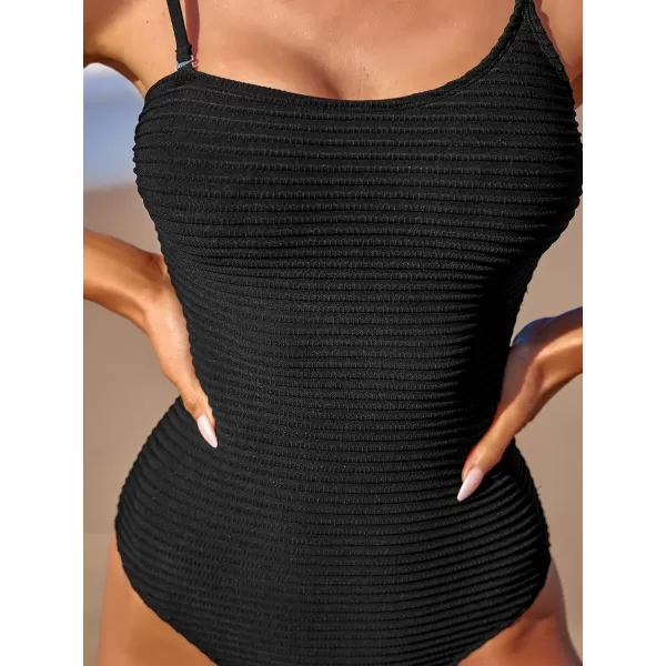 imageCUPSHE Womens One Piece Swimsuit Ribbed Asymmetrical Neck Removable Adjustable Straps Cheeky Bathing SuitBlack