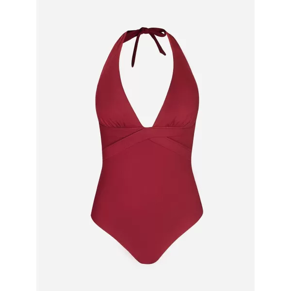 imageCUPSHE Womens One Piece Swimsuit Ribbed Deep V Neck HalterBurgundy Red