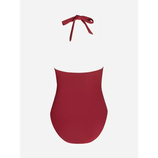 imageCUPSHE Womens One Piece Swimsuit Ribbed Deep V Neck HalterBurgundy Red
