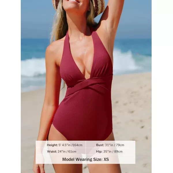 imageCUPSHE Womens One Piece Swimsuit Ribbed Deep V Neck HalterBurgundy Red