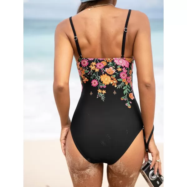 imageCUPSHE Womens One Piece Swimsuit Ruched Bathing Suit Square Neck Vintage Adjustable StrapsBlackFloral