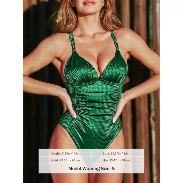 imageCUPSHE Womens One Piece Swimsuit Ruched Deep V Neck Push Up Bathing Suit Double Straps Cross Back Textured SwimwearGreen