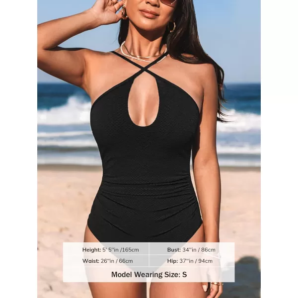 imageCUPSHE Womens One Piece Swimsuit Ruched Tummy Control Bathing Suit Front Crisscross Back Self TieBlack