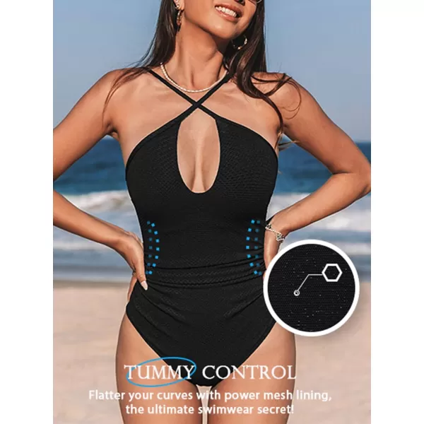 imageCUPSHE Womens One Piece Swimsuit Ruched Tummy Control Bathing Suit Front Crisscross Back Self TieBlack