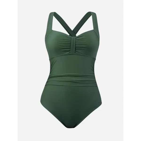 imageCUPSHE Womens One Piece Swimsuit Ruched Tummy Control Swimwear Cross Back SelfTieArmy Green