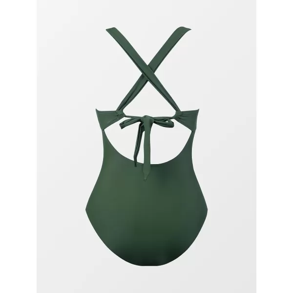 imageCUPSHE Womens One Piece Swimsuit Ruched Tummy Control Swimwear Cross Back SelfTieArmy Green