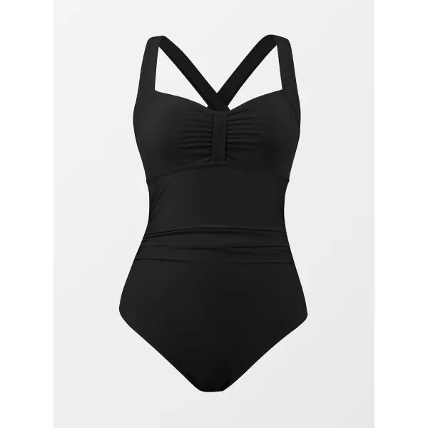 imageCUPSHE Womens One Piece Swimsuit Ruched Tummy Control Swimwear Cross Back SelfTieBlack