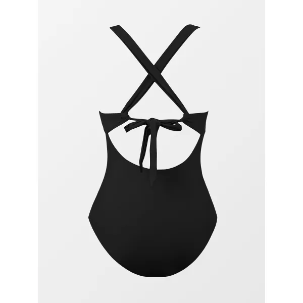 imageCUPSHE Womens One Piece Swimsuit Ruched Tummy Control Swimwear Cross Back SelfTieBlack