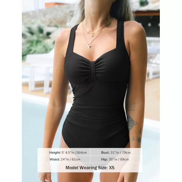 imageCUPSHE Womens One Piece Swimsuit Ruched Tummy Control Swimwear Cross Back SelfTieBlack