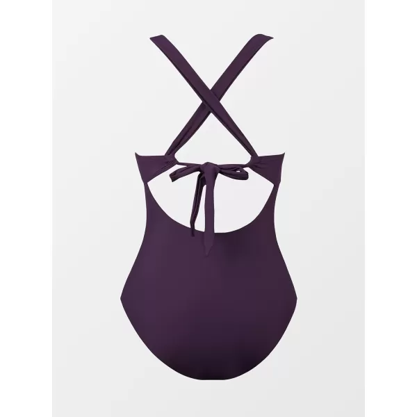 imageCUPSHE Womens One Piece Swimsuit Ruched Tummy Control Swimwear Cross Back SelfTieDark Purple