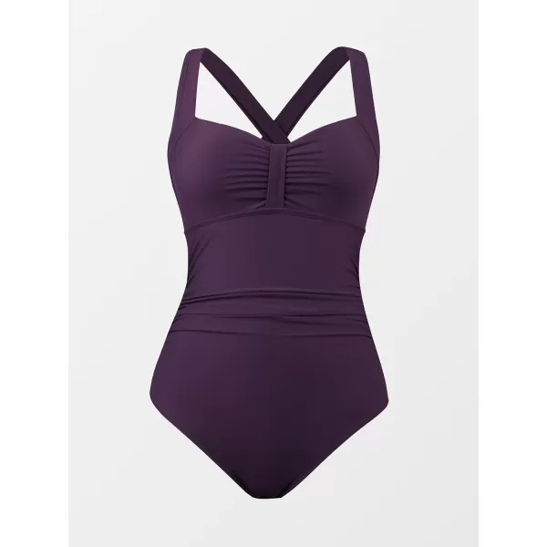 imageCUPSHE Womens One Piece Swimsuit Ruched Tummy Control Swimwear Cross Back SelfTieDark Purple