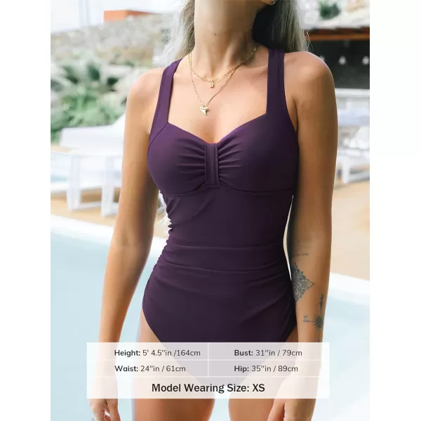 imageCUPSHE Womens One Piece Swimsuit Ruched Tummy Control Swimwear Cross Back SelfTieDark Purple