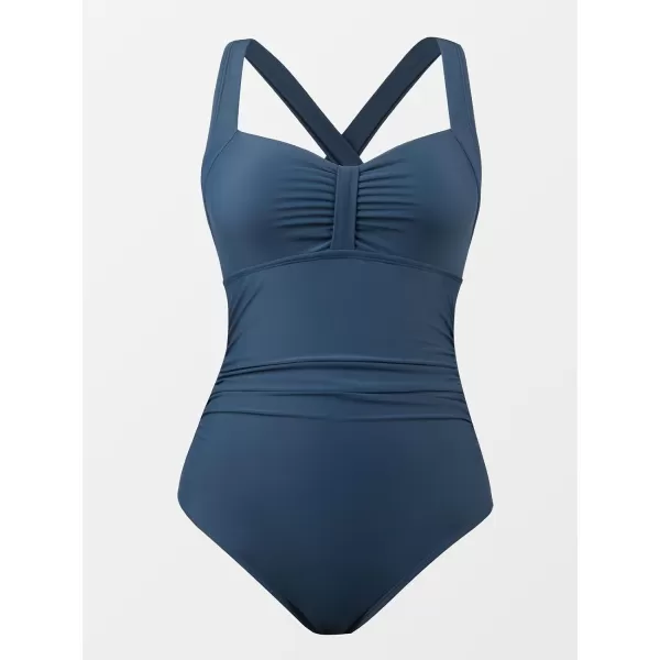 imageCUPSHE Womens One Piece Swimsuit Ruched Tummy Control Swimwear Cross Back SelfTieNavy
