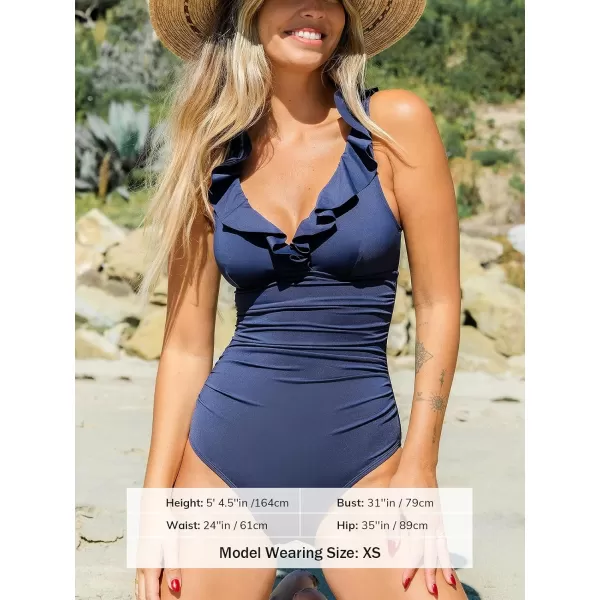 imageCUPSHE Womens One Piece Swimsuit Ruffle V Neck Adjustable Straps Tummy Control Bathing SuitNavy Blue