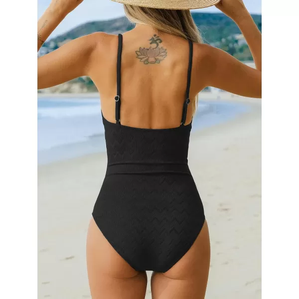 imageCUPSHE Womens One Piece Swimsuit Scalloped V Neck Adjustable Straps Tummy Control Bathing SuitBlack