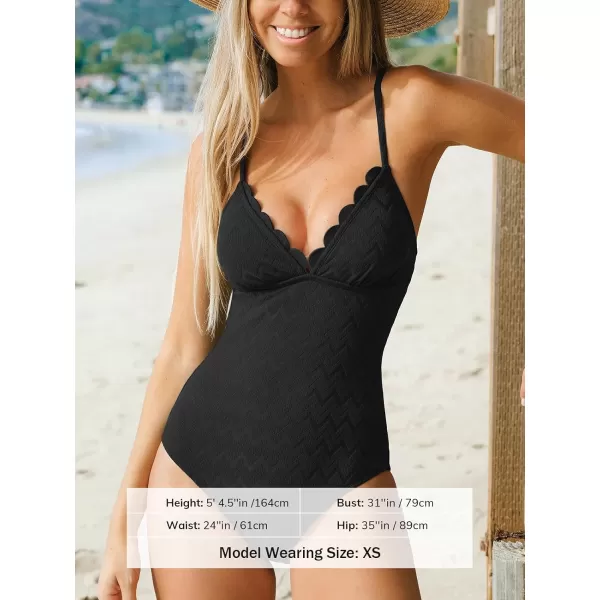 imageCUPSHE Womens One Piece Swimsuit Scalloped V Neck Adjustable Straps Tummy Control Bathing SuitBlack