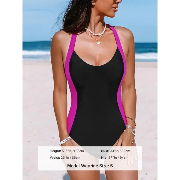 imageCUPSHE Womens One Piece Swimsuit Scoop Neck Adjustable Straps Crisscross Back Color Block SlimmingBlack Magenta