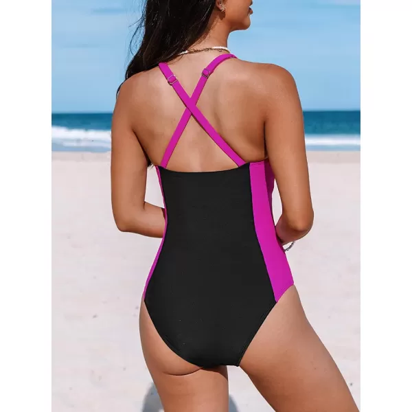 imageCUPSHE Womens One Piece Swimsuit Scoop Neck Adjustable Straps Crisscross Back Color Block SlimmingBlack Magenta