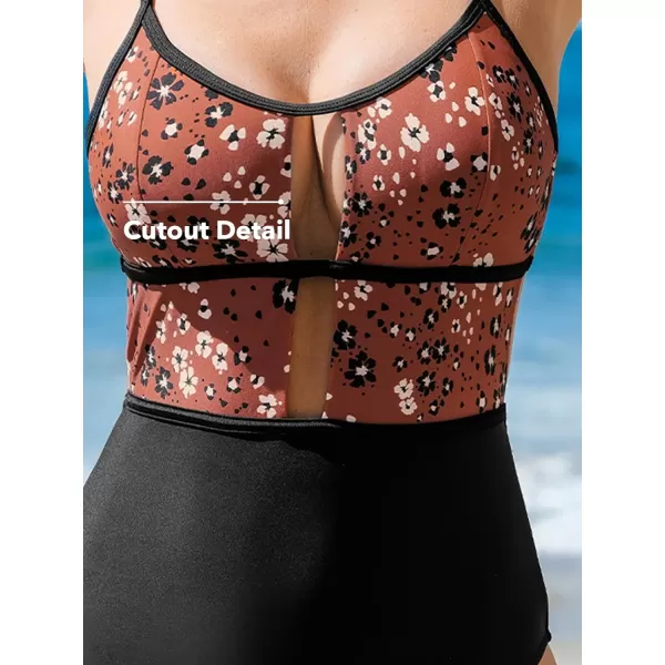 imageCUPSHE Womens One Piece Swimsuit Scoop Neck Adjustable Straps Cutout Back Self Tie Bathing SuitCinnamon BrownBlack
