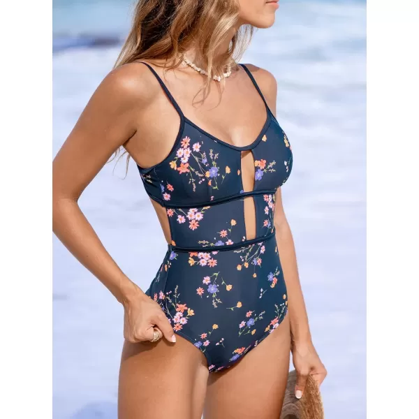 imageCUPSHE Womens One Piece Swimsuit Scoop Neck Adjustable Straps Cutout Back Self Tie Bathing SuitNavy BlueFloral