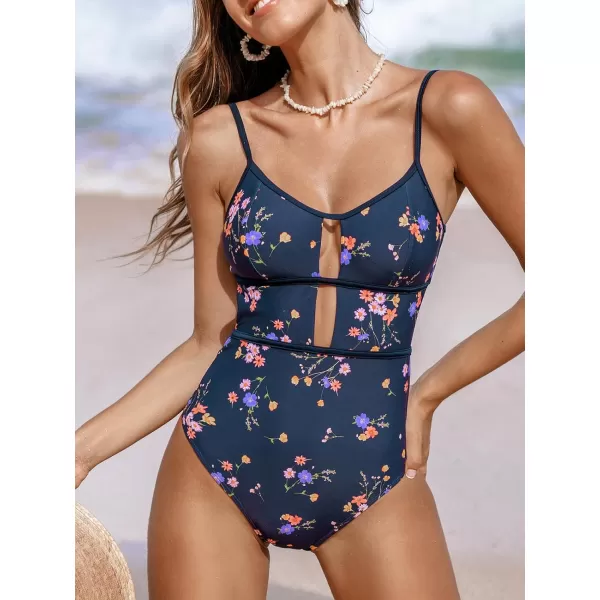 imageCUPSHE Womens One Piece Swimsuit Scoop Neck Adjustable Straps Cutout Back Self Tie Bathing SuitNavy BlueFloral