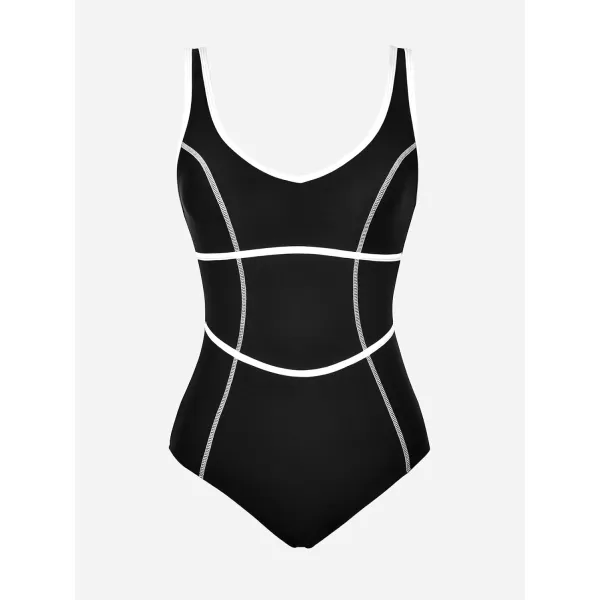 imageCUPSHE Womens One Piece Swimsuit Scoop Neck Bathing Suit Color Block Adjustable Wide StrapsBlackWhite