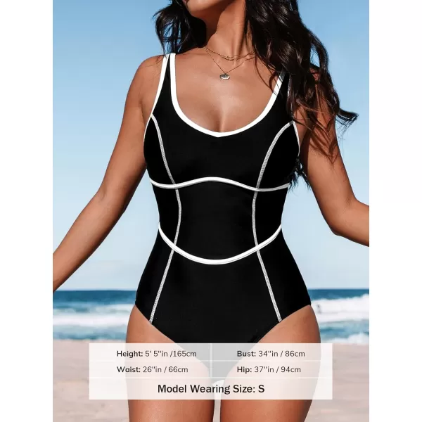 imageCUPSHE Womens One Piece Swimsuit Scoop Neck Bathing Suit Color Block Adjustable Wide StrapsBlackWhite