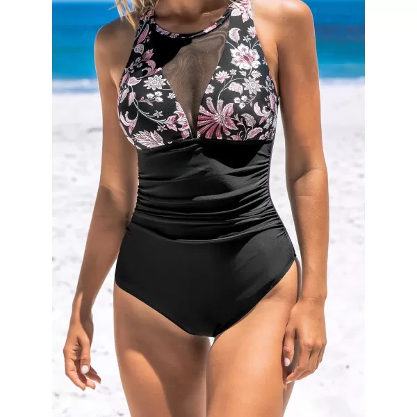 imageCUPSHE Womens One Piece Swimsuit Scoop Neck Bathing Suit Mesh Tummy Control Adjustable Straps SwimwearBlackFloral