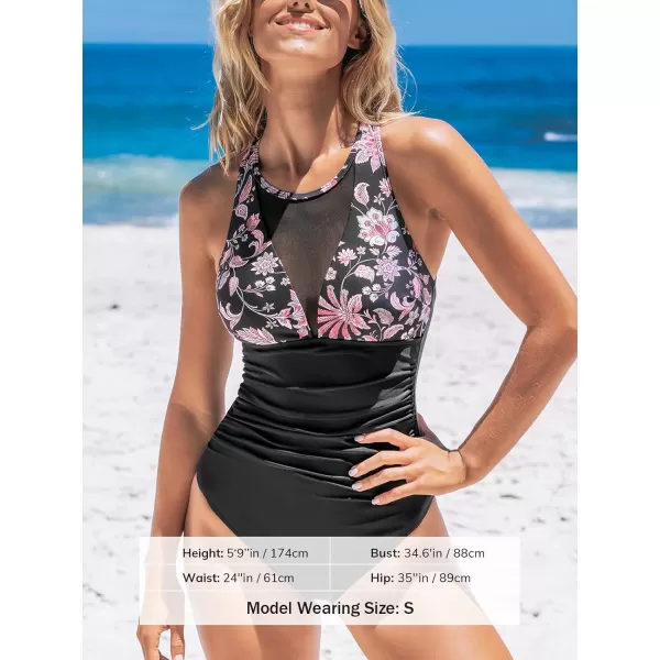 imageCUPSHE Womens One Piece Swimsuit Scoop Neck Bathing Suit Mesh Tummy Control Adjustable Straps SwimwearBlackFloral