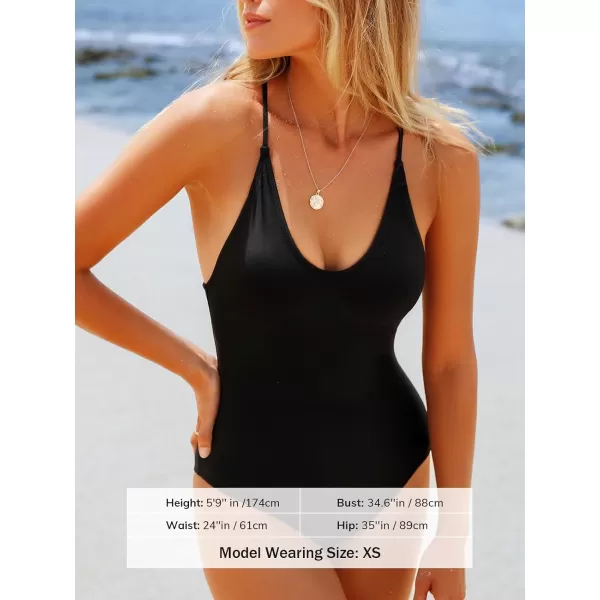 imageCUPSHE Womens One Piece Swimsuit Scoop Neck Bathing Suit Strappy Back Spaghetti Adjustable StrapsBlack