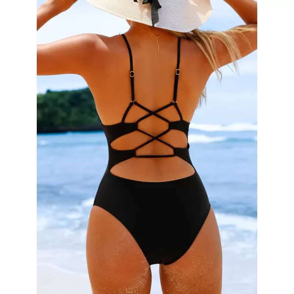 imageCUPSHE Womens One Piece Swimsuit Scoop Neck Bathing Suit Strappy Back Spaghetti Adjustable StrapsBlack